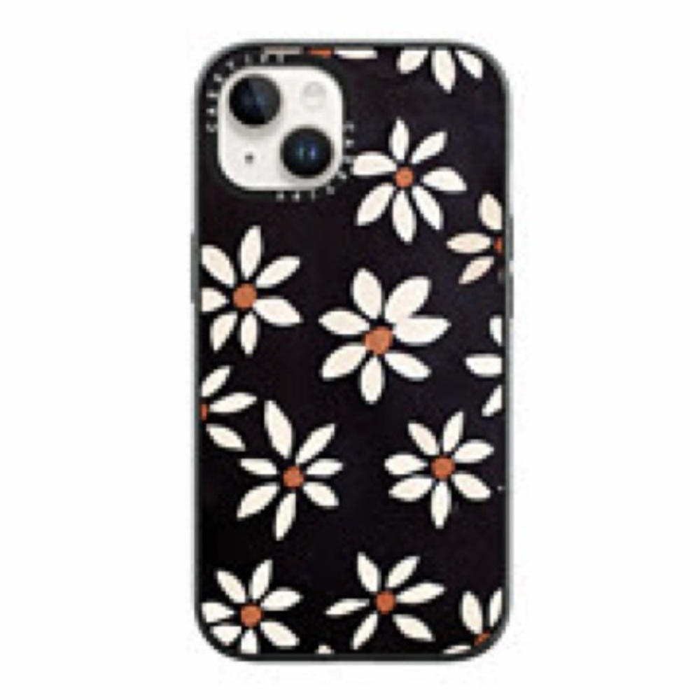 Casetify Black iPhone 14 Case with White and Orange Floral Design (Magsafe)